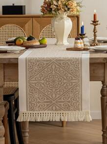 1pc Handwoven Tassel Decor Table Runner, Water-Repellent And Stain-Resistant, Modern Minimalist Style, Elevates Dining Table Artistry For Family Gatherings Or Holiday Celebrations - Brown - View 5