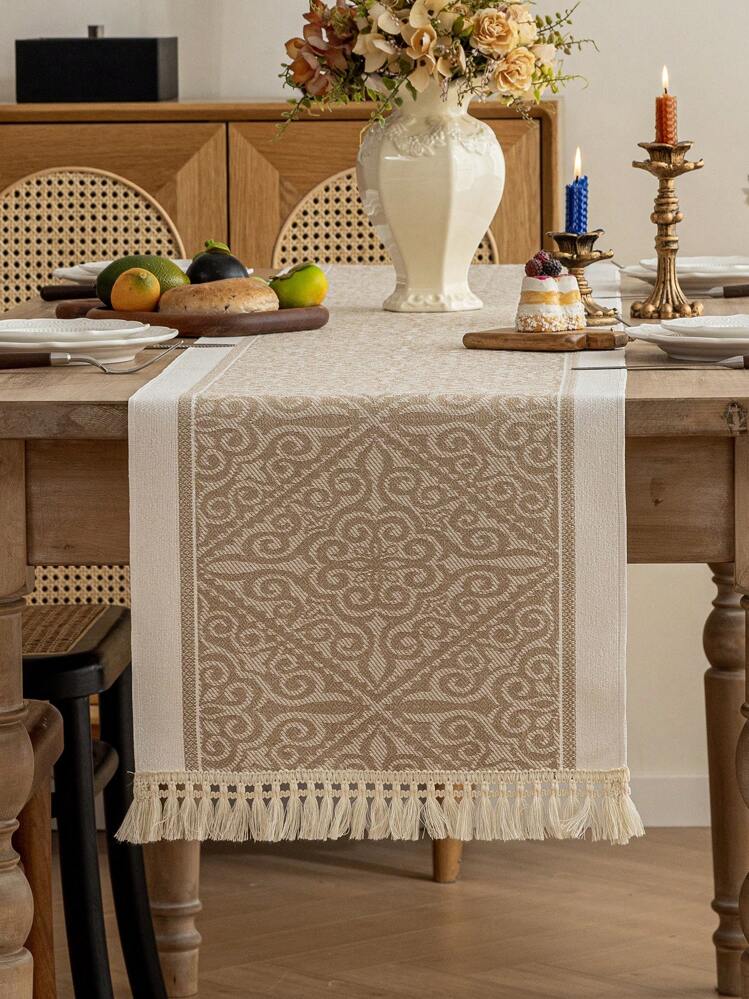 1件手工编织流苏装饰桌旗，防水防污，现代简约风格，提升餐桌艺术格调，适合家庭聚会或节日庆典。 - 咖色 - 查看 5