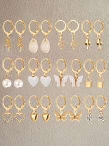 16/18/24/30pcs Rhinestone Faux Pearl Butterfly, Heart, Star, Snake, Rose, Daisy, Shell Women Earring Set, Elegant Gift For Vacation, Party, Daily Matching