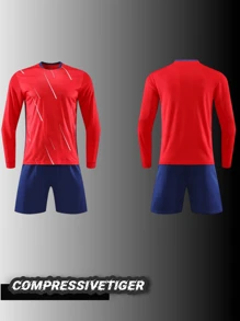 2pcs Boy's Personalized Soccer Jersey - Customizable Name And Number Print Stripe Decor Long Sleeve T-Shirt + Long Co-Ord Quick-Drying Sweat-Absorbing Sports Set As Gift - Red - View 2