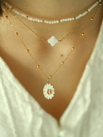 TONSI 1 件时尚简约天然贝壳 3D 花贝壳串珠项链、椭圆形吊坠项链、女士多层项链套装