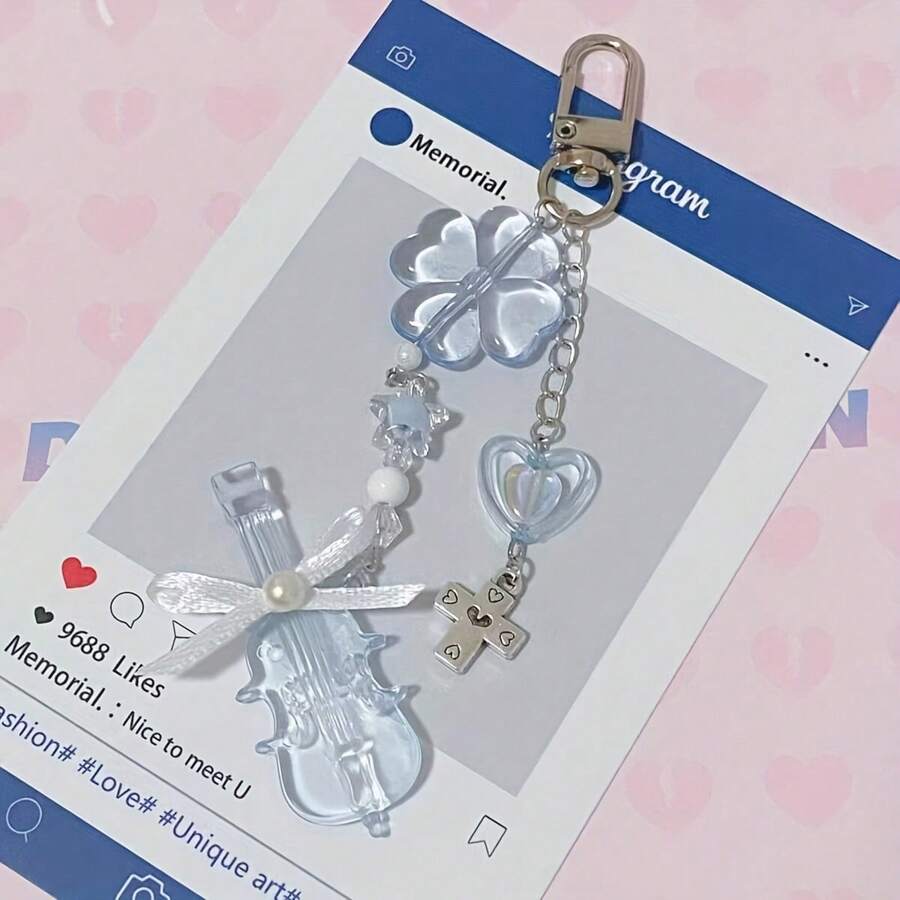 1pc Fashionable And Cute Crystal Mini Violin Keychain, Stylish Accessory For Backpacks And Clothing, Featuring A Mini Cross And Lucky Four-Leaf Clover, Ideal Gift For Women And Girlfriends For Holidays And Festivals