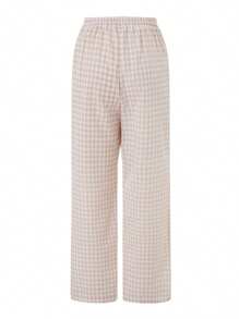 Women's Summer Casual Pants Plaid Drawstring High Waist Straight Leg Trousers For Daily Wear - 卡其色 - 查看 5
