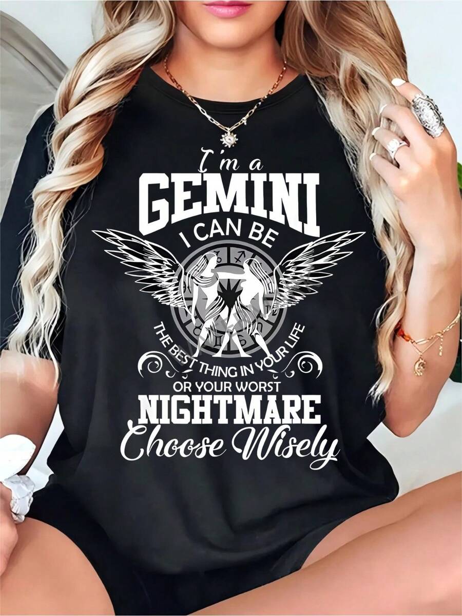 Camiseta gráfica de mujer 100% algodón con diseño Géminis - Tela de punto transpirable - Cuello redondo relajado, mangas cortas con gráfico sutil del zodíaco