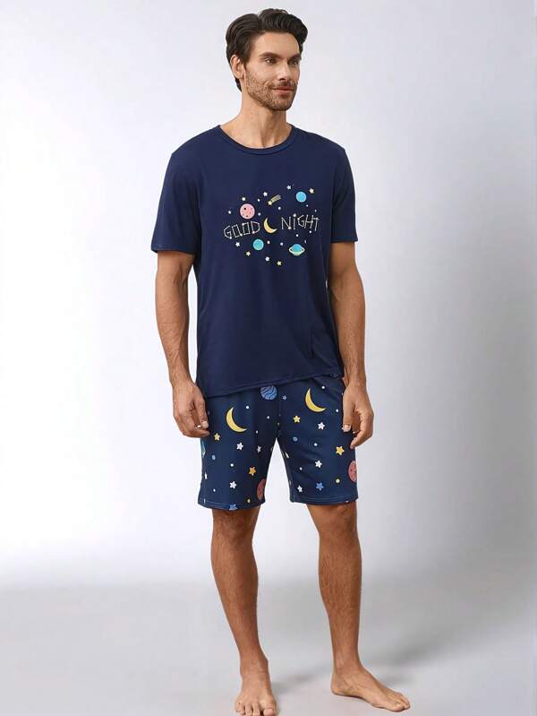 Men's 2 Pieces Set Cartoon Printed Round Neck Short Sleeve Top & Shorts, Casual Outfit For Summer, Navy Blue
