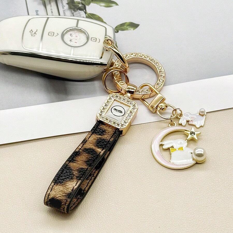 1 件时尚汽车钥匙链 - 1 件豹纹腕带钥匙链经典 PU 皮革钥匙扣钥匙圈汽车配件男女通用（带螺丝刀）