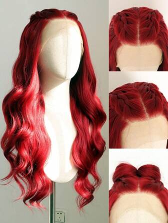 SALLYWELL Peluca con cabello ondulado y largo color rojo, de encaje frontal - Densidad de 180%, encaje HD transparente de 13x4, fibra sintética resistente al calor, peluca sin pegamento para mujeres, mejora de la belleza | Peluca de aspecto audaz | Peluca de volumen completo, peluca sintética de encaje frontal