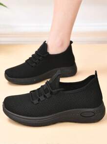 Women's Breathable Casual Shoes, Non-Slip Soft Sole, Comfortable Black Work Shoes, Flat Knitted Solid Round Toe Sports Sneakers, Suitable For All Seasons