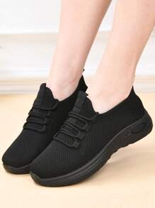 Women's Breathable Casual Shoes, Non-Slip Soft Sole, Comfortable Black Work Shoes, Flat Knitted Solid Round Toe Sports Sneakers, Suitable For All Seasons