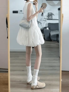 Spring Summer Casual Vest Dress For Women Back To School Autumn Clothes Korean Style Elegant Chic Solid Color Sleeveless O-Neck Vintage Homecoming Short Dresses Kawaii Party Graduation White Black Clothes White Dress New Year Christmas