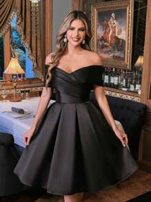 Faeriesty Elegant Stylish Satin Midi Cocktail Dress With Off-Shoulder Design & A-Line Hemline | Ideal For Corporate Dinners, Luxury Cruises, And Formal Occasions - màu đen - Xem 1