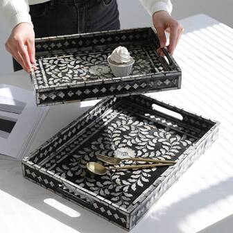 1 个 13.8 英寸/15.7 英寸长方形黑色珠光珍珠母托盘，奢华天然贝壳，客厅浴室厨房实用收纳盘化妆杯垫茶几水果盘派对装饰