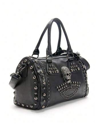 Sac à main à rivets en métal pour femme, nouveau design, tête de mort, punk rock, coussin clouté, grande capacité, sac à bandoulière, sac messager, style rétro européen et américain, sac fourre-tout à rivets à la mode