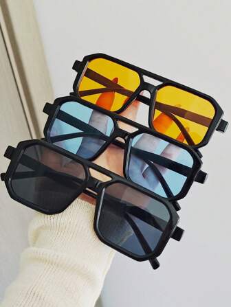 3pcs Unisex Retro Ocean Color Block Square Frame Fashion Eyeglasses, Suitable For Beach, Sports, Street Outfit, Also Great As Gift