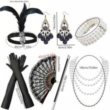 Lata 20. XX wieku, makijaż imprezowy dla kobiet, maskarada, kolczyki, elegancka, elegancka, ekskluzywna opaska na głowę, rękawiczki, bransoletka, uchwyt na papierosy, koronkowy wachlarz, 7-częściowy zestaw kostiumów imprezowych