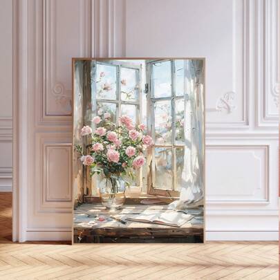 1 件，帆布挂画，带框装饰画，海报，墙面艺术，粉红玫瑰和窗台油画，女孩托儿所装饰，花卉春季墙面艺术，美学客厅装饰，粉色花卉绘画植物布置装饰，春季装饰主题，春季家居装饰