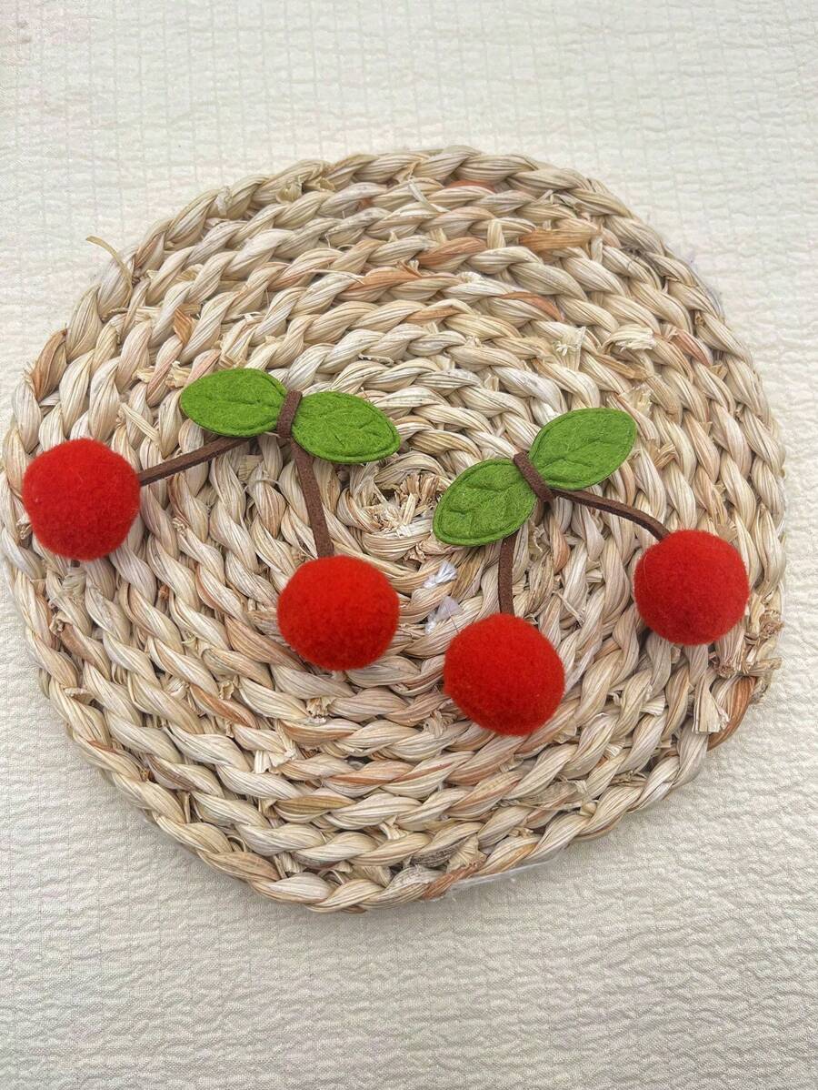 Cherry Fuzz Ball & Green Leaf Decor DIY Hair Clip, Cute Hair Accessory Suitable For Everyday Use - Multicolor - View 1