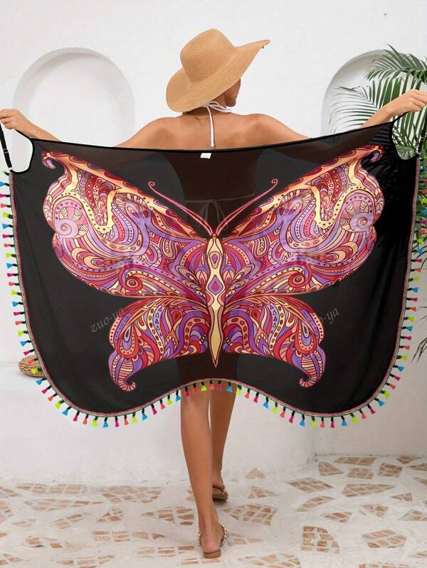Vrouwen vlinderprint kwastjes kaftan/cover-up voor zomer strandvakantie/vakantie