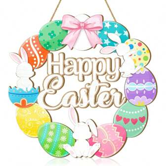 Paaseieren Kransen Houten Bord Voor Voordeur, Kleurrijke Eieren Gelukkig Pasen Welkomstbord Decoraties Voor Thuis, Paashaas Lente Houten Hangende Decoratie Voor Tuin Porch Muur Boerderij Decor
