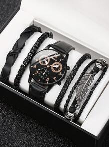 5pcs Men's Fashion Quartz Watch Set - Vintage Style Leaf Beaded Handmade Braided Bracelet, PU Leather Watch With Precise Analog Display, Comfortable, Ideal Gift For Him, Suitable For Casual & Sports