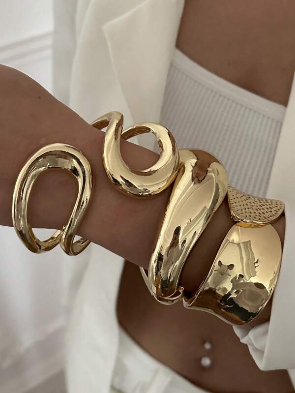 1pc Exaggerated Personalized Hammered Asymmetrical Gold Color Open Bangle Bracelet, Hollow Asymmetric Double Loop Alloy Minimalist Geometric Plain Smooth Arc Fashionable Gold Bracelet For Women