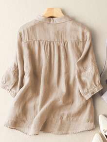 Camisa holgada de mujer de unicolor casual con bordado de copos de nieve, sin estiramiento, para verano - Caqui claro - Ver 2