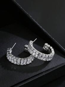 Nooxian 1 Đôi Hoa Tai Nữ - Hoa Tai Vòng Hình Chữ Nhật Đính Đá Cubic Zirconia Hình Chữ C Bằng Đồng, Phụ Kiện Cơ Bản Hàng Ngày - Bạc - Xem 6