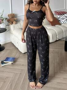 SANRIO 2 件套 Hello Kitty 女式吊带背心印花短款上衣 + 直筒松紧腰裤睡衣套装 - 黑色 - 查看 7