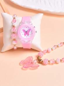 3 件/套 2024 新款卡通蝴蝶硅胶表带手表带双机芯 LED 灯，奢华亚克力蝴蝶手链项链套装，适合女孩