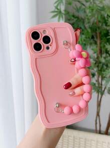 Białe etui na telefon 1 szt. Modne faliste etui na telefon TPU odporne na wstrząsy z dekoracją bransoletki z pereł DIY, kompatybilne z 11 12 13 14 15 Pro Max 16 Plus