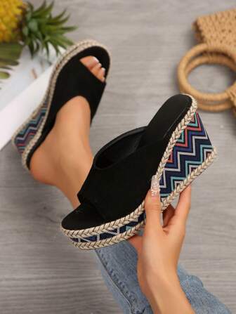 15 厘米厚底坡跟拖鞋，防水编织带露趾高跟鞋，适合夏季，时尚百搭