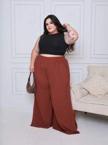 Plus Size Palazzo Pants Large Size Duna High Waist With Elastic Wide Legging Blogger Promotion - Rust Brown - View 3