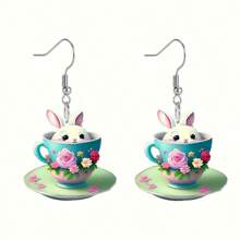 1 par de pendientes de conejo 2D de acrílico lindos con gancho de acero inoxidable, diseño de conejito tímido con taza de té con flores, adecuado para Pascua, aniversario, cumpleaños, Navidad, Día de San Valentín, Día de la Madre, Año Nuevo, regalo de invierno para damas, accesorios de conejo