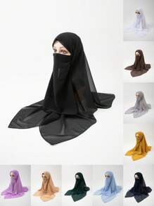 2 Stücke Damen neue Chiffon 110cm quadratischer Schal Bandana mit elastischem Band verstellbare Gesichtsmaske, muslimischer einfarbiger Hijab Kopftuch, klassische Outdoor-Tücher Set