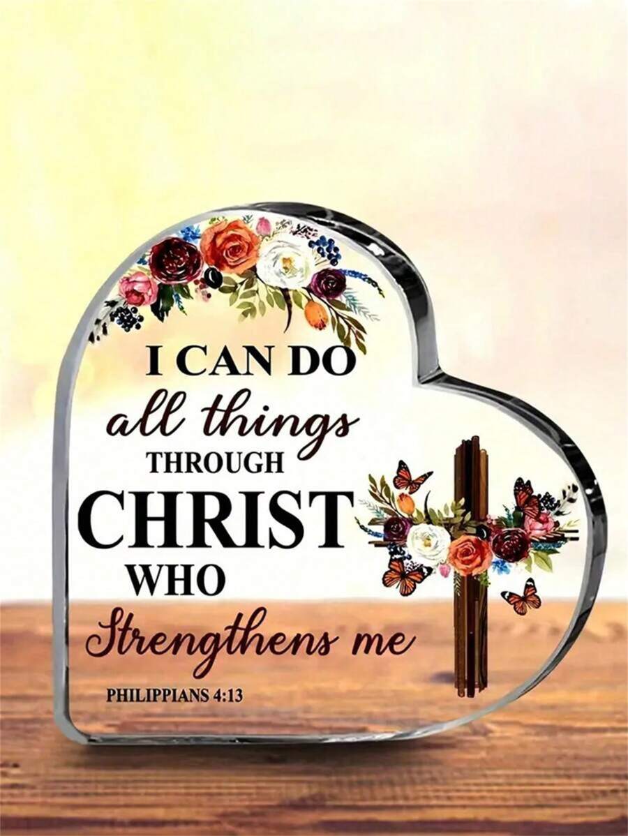 1pc Christian Plaque, Inspirational Acrylic Card Gift For Women, I Can Do All Things Through Christ Who Strengthens Me, Acrylic Heart Shaped Card For Friends, Home Office Decor Inspiration, Room Decor, Aesthetic Room Decor, Bedroom Decor