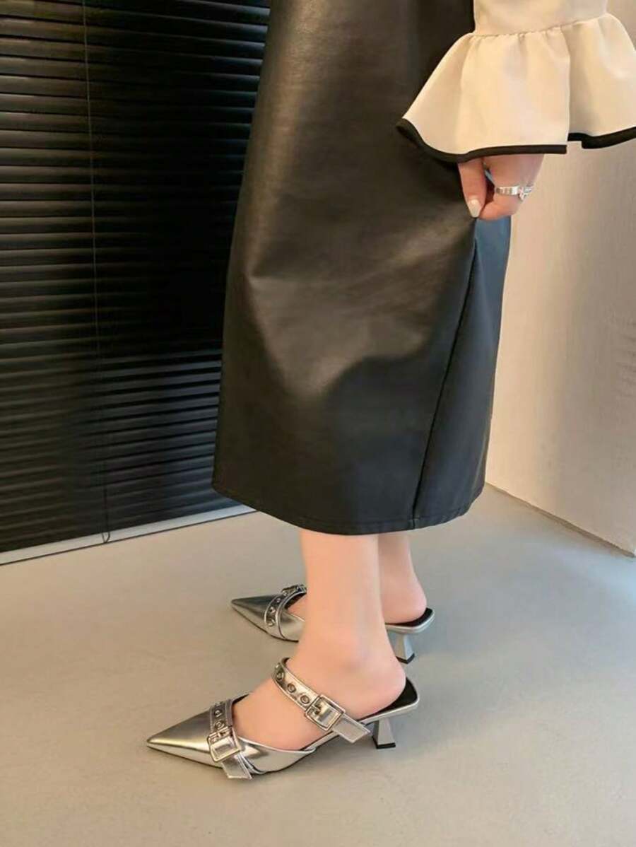 Sandali estivi alla moda semplici da donna con punta affusolata, tacco alto regolabile, scarpe casual - Argento - Visualizzare 1