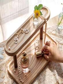 1 szt. 2-poziomowa wolnostojąca drewniana półka - wielofunkcyjny regał do przechowywania na biurku, odpowiedni do wystroju wnętrz, biżuterii, kosmetyków i artykułów piśmiennych - bez metalowej rury, półki pionowe