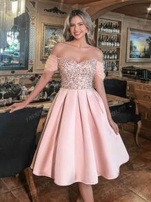 Elegant Off-Shoulder Sequined A-Line Dress, Flattering Silhouette For Weddings, Garden Parties, Proms & Evening Events, Party Dress, Wedding Guest Cocktail Dress