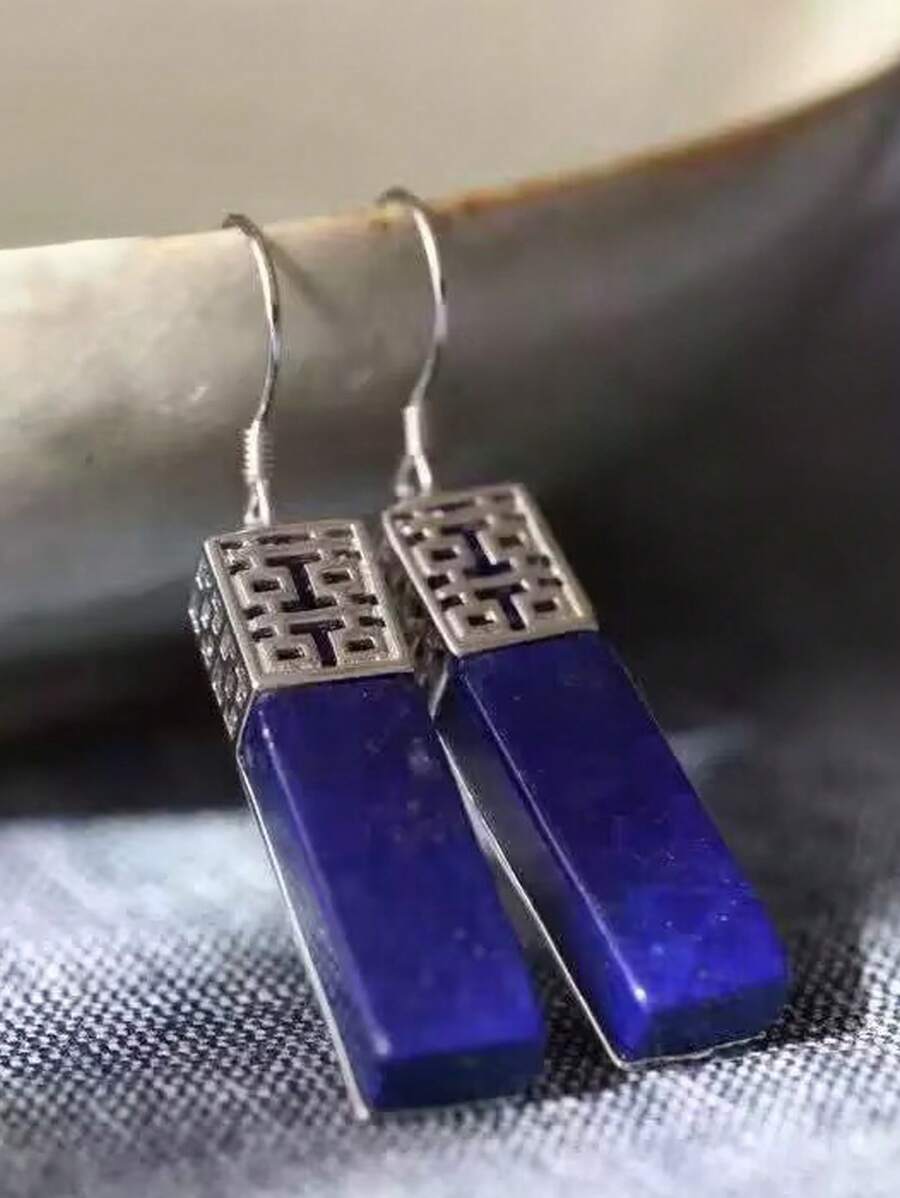 两对复古波西米亚青金石耳环，汉字耳环，具有记忆支撑、弹性保护和精神平衡的作用。铜/银/金色调仿天然石，招财纳福，女士时尚首饰，四季配饰。