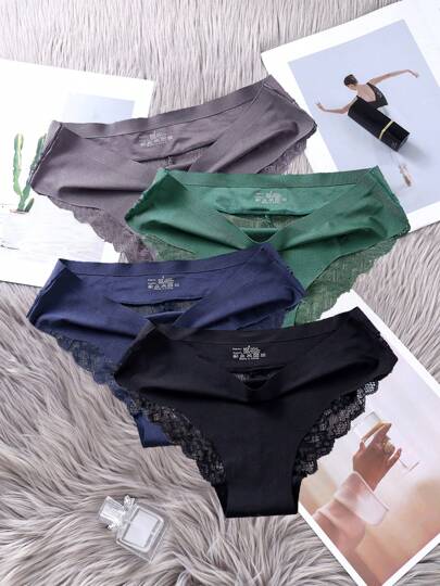 4pcs/Pack Women's Seamless Ice Silk Lace Sexy Sheer Mesh Crotch Briefs Panties Underwear