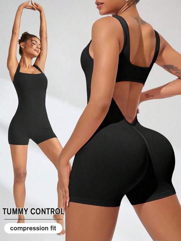 KIKIMINK Sleeveless Jumpsuits For Women Sexy Backless Gym Bodycon V Back Scrunch Butt Rompers