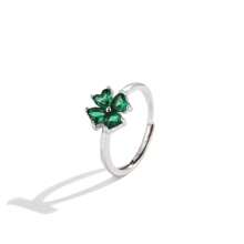 Anillo ajustable de trébol de cuatro hojas del Día de San Patricio para mujer, en plata de ley 925, anillo de moda con circonita talla cuadrada, plata de baja alergenicidad, peso de 1.7g