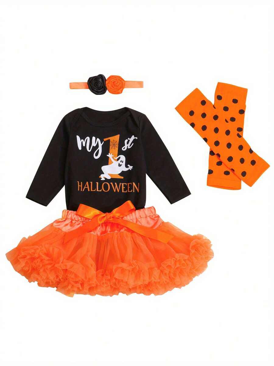 4PCS Baby Girls Halloween Outfits, Long Sleeve Romper + Tutu Skirt + Leg Warmers + Headband Set