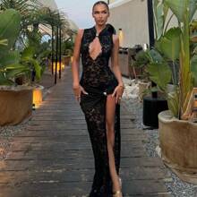 Women's Sexy Lace Sheer Sleeveless Hollow Out High Slit Slim Fit Long Dress - 黑色 - 查看 1
