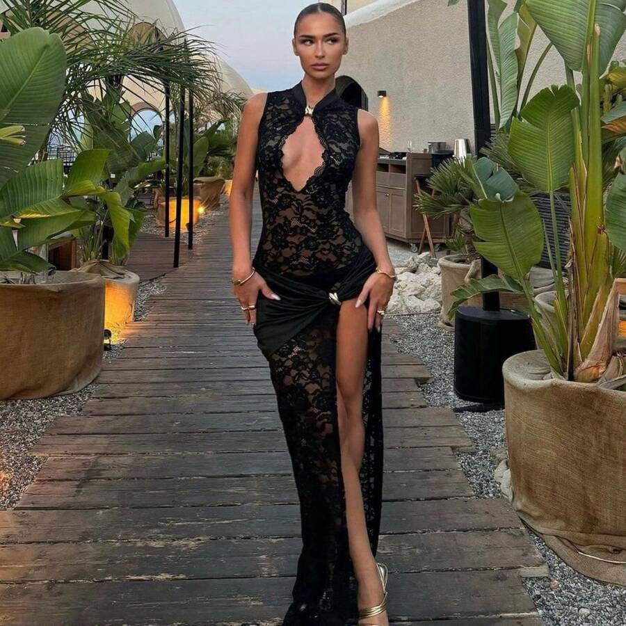 Women's Sexy Lace Sheer Sleeveless Hollow Out High Slit Slim Fit Long Dress - 黑色 - 查看 1
