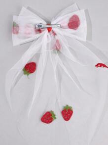 1pc Strawberry Hair Bows Girls Large White Mesh Hair Bow Apple Cherry Hair Clips Elegant Big Tull Alligator Clips,Wedding Party Hair Accessories