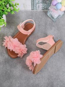 1 Pair Plus Size Toddler Girls' Flat Sandals, Solid Color PU Straps, Mesh Flower Decor, Buckle Closure, Round Toe, Lightweight, Fashionable, Cute Roman Sandals Suitable For 3-15 Years Old Girls For Daily, Casual, Party, Travel, Spring/Summer 2025 - Pink - View 3