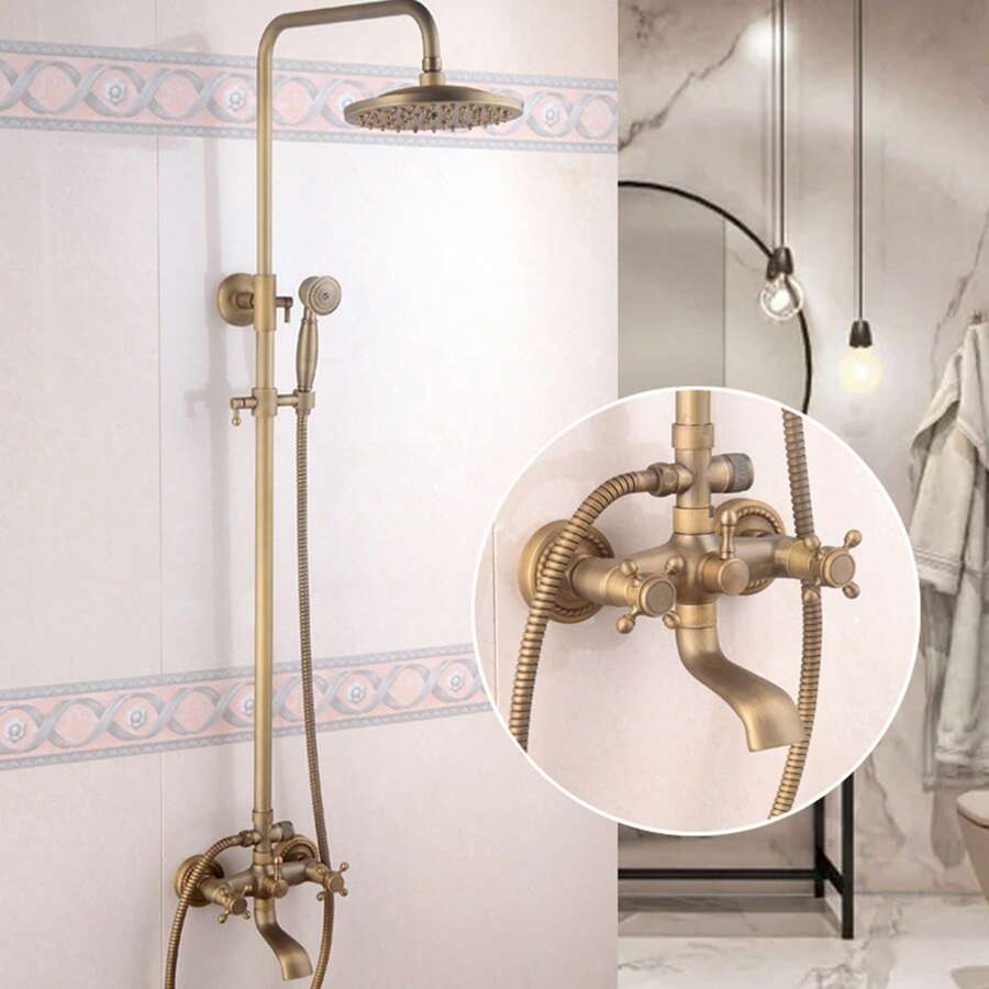Antique Brass Shower Fixture Bathroom Shower Faucet Set, Bathroom Shower Faucet Set Rainfall Shower Head Handheld Sprayer And Tub Spout Home Bathroom Decor Summer Back To School - Gold - View 1