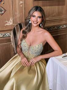 Faeriesty Strapless Beaded Dress With Fitted Bodice & Flared Knee-Length, Spring/Summer Weddings, Galas, Prom, Upscale Dinners, Party Dress, Wedding Guest Cocktail Dress