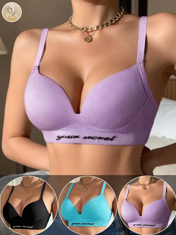 3pcs Non-Wired Wire-Free Lift Lingerie Bra Set, Comfortable Breathable Simple Casual Women Underwear